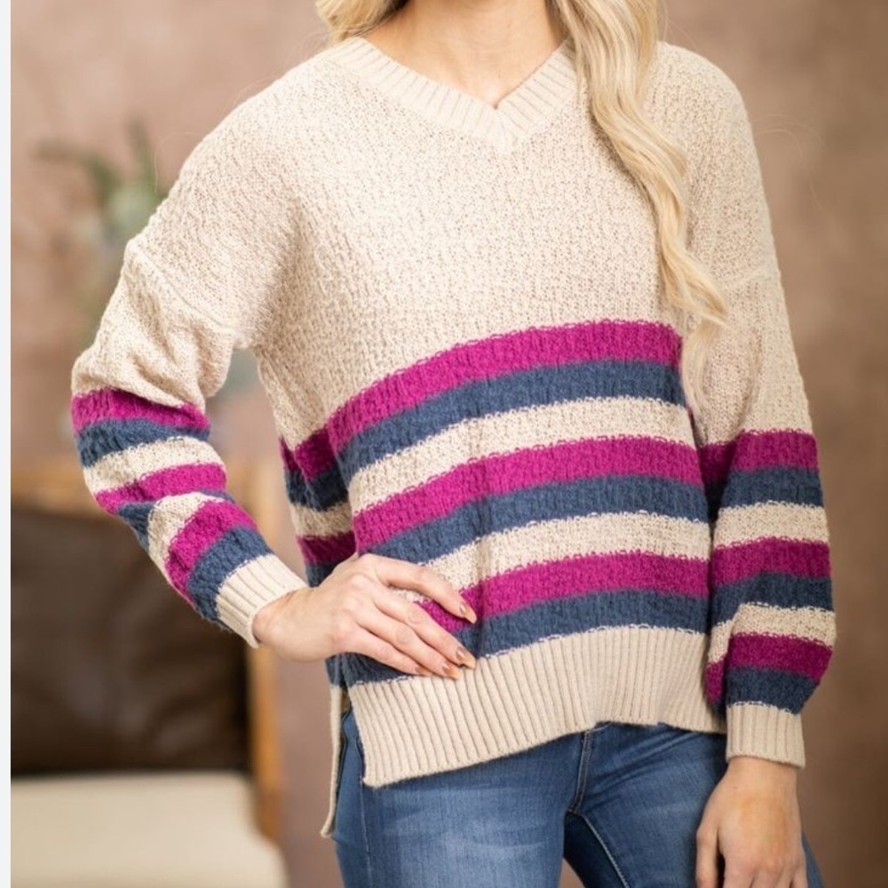 Anthropologie Lumiere | Chunky Knit Striped V-Neck Long Sleeve Varsity Sweater L